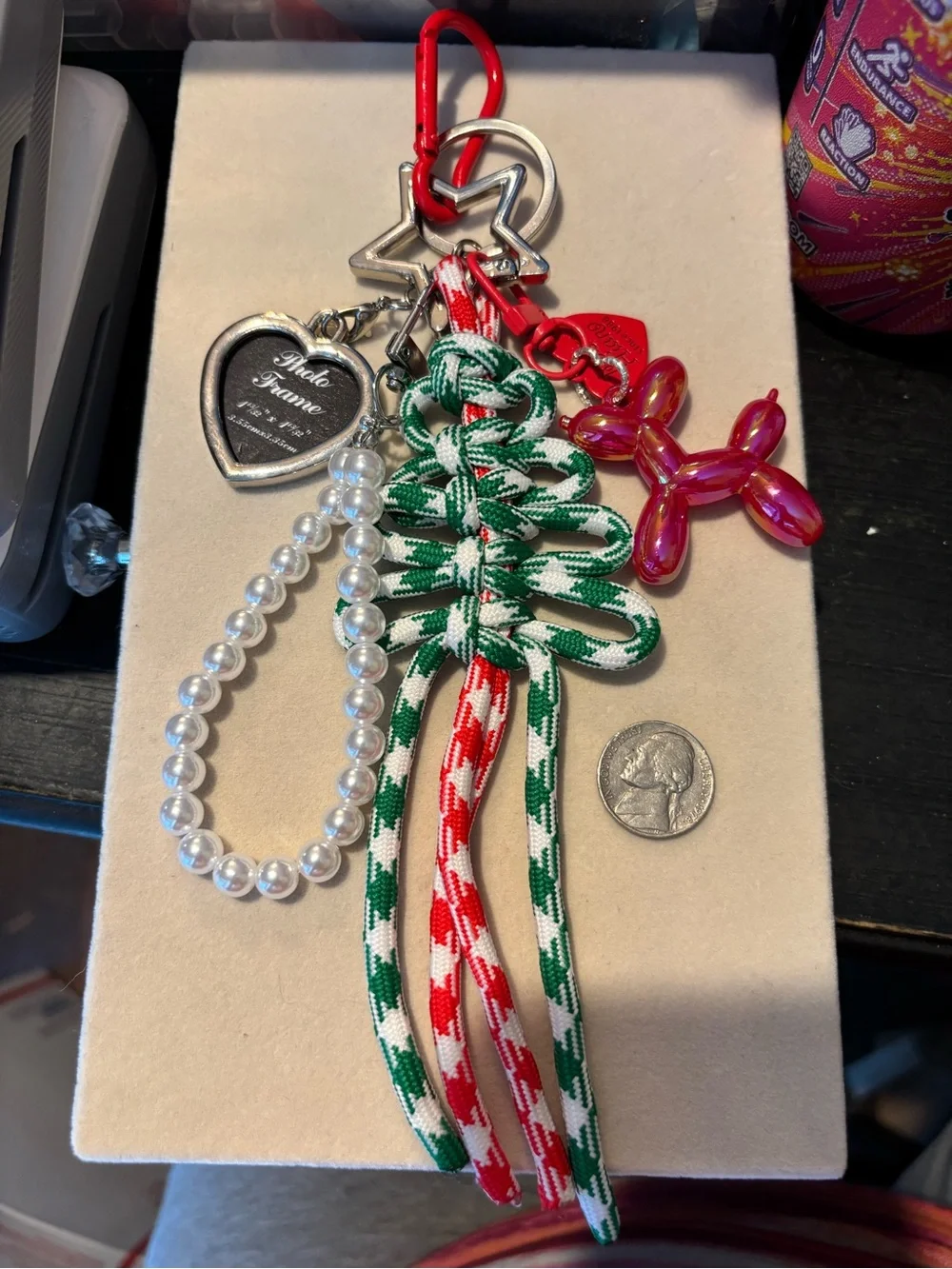 Festive Green & Red Braided Keychain / Bag Charm w/Pearl Loop & Red Balloon Dog